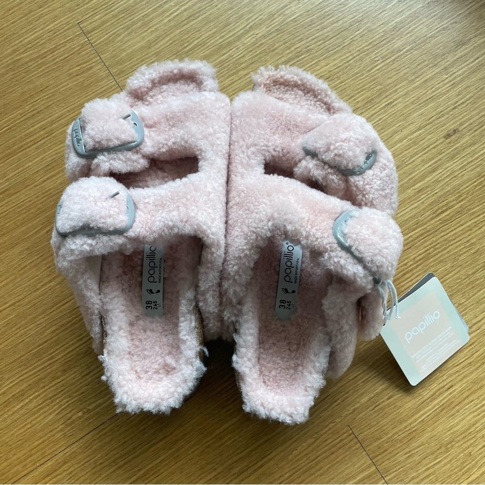 Birkenstock Papillio Big Buckle Arizona Platform Shearling Sandals Pink Size 38